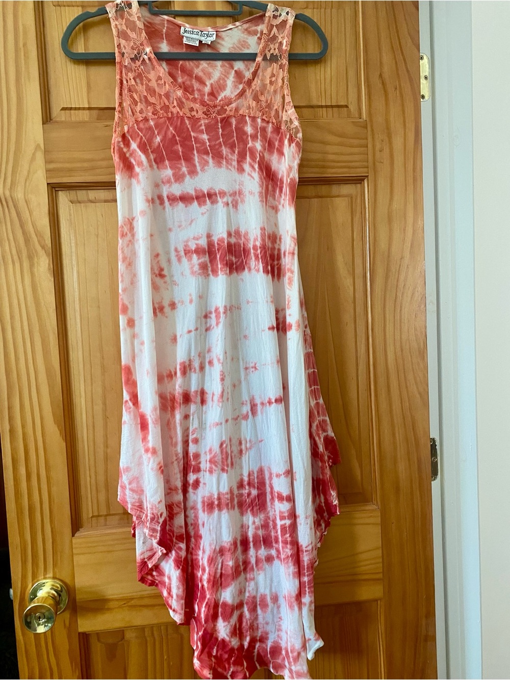 Jessica Taylor One Size Coral Tie Dye Handkerchief Hem Dress Lace Yoke Boho